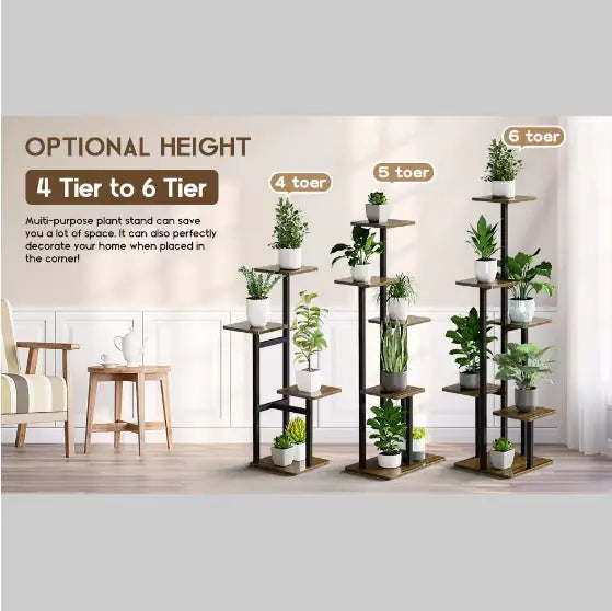 Five-Layer Indoor Plant Stand – Black Walnut & Metal Corner Display for Modern Boho Homes