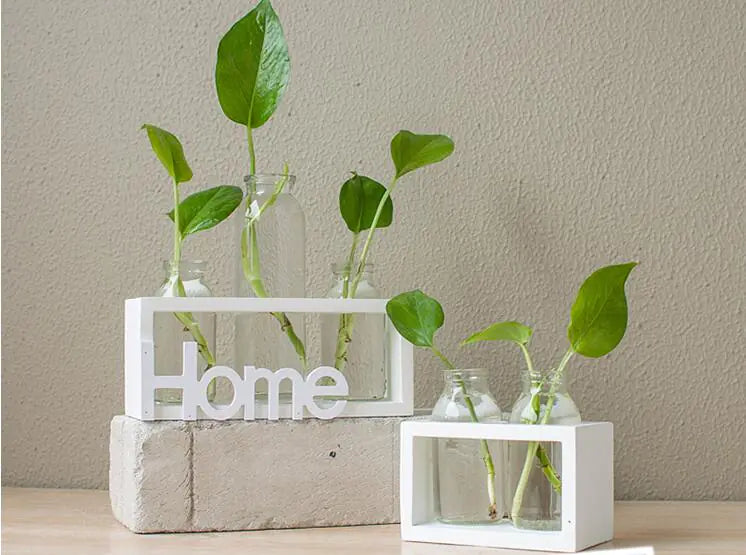 Transparent Glass Hydroponic Vase – Wooden Accent Planter for Modern Minimalist Home Décor