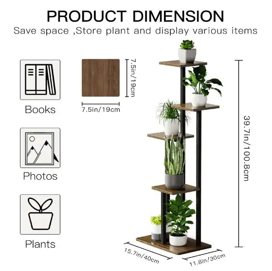 Five-Layer Indoor Plant Stand – Black Walnut & Metal Corner Display for Modern Boho Homes