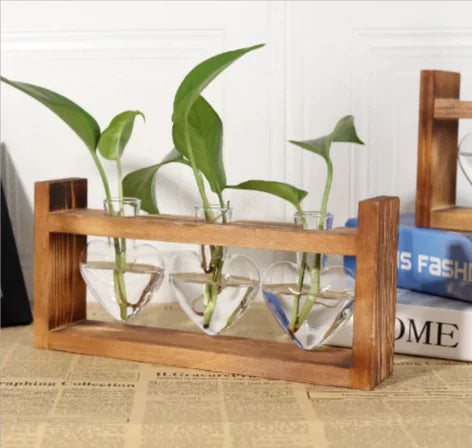 Heart-Shaped Glass Vase with Wooden Stand – Romantic Modern Hydroponic Planter for Elegant Home Décor