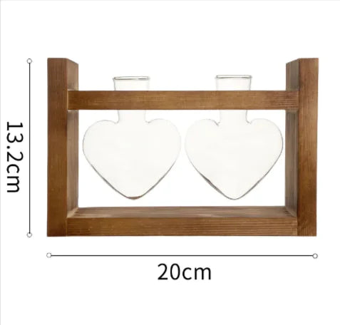 Heart-Shaped Glass Vase with Wooden Stand – Romantic Modern Hydroponic Planter for Elegant Home Décor