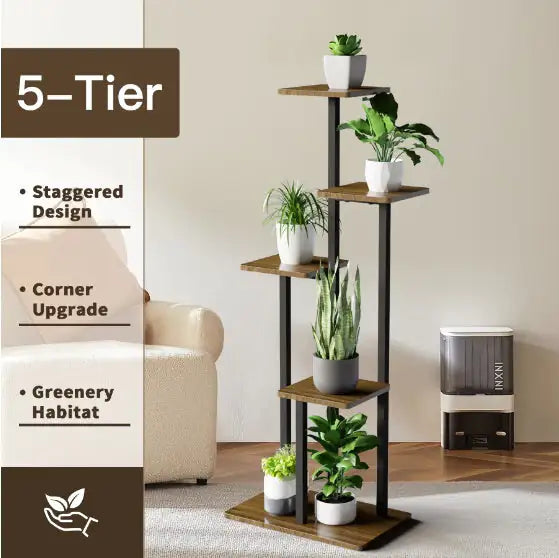 Five-Layer Indoor Plant Stand – Black Walnut & Metal Corner Display for Modern Boho Homes