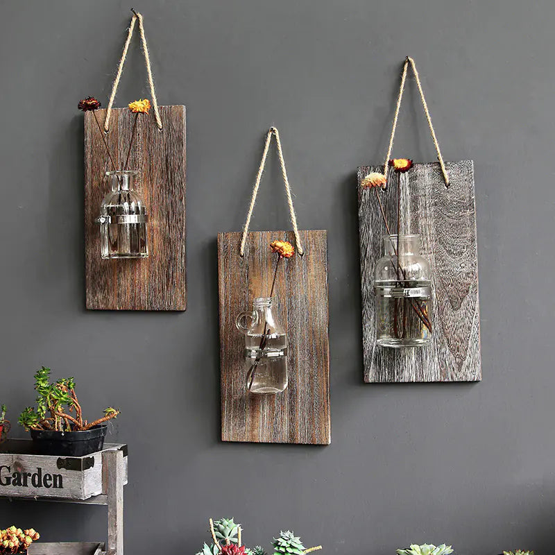 Wooden Hydroponic Glass Vase Wall Décor – Modern Nature-Inspired Planter for Elegant Home Styling
