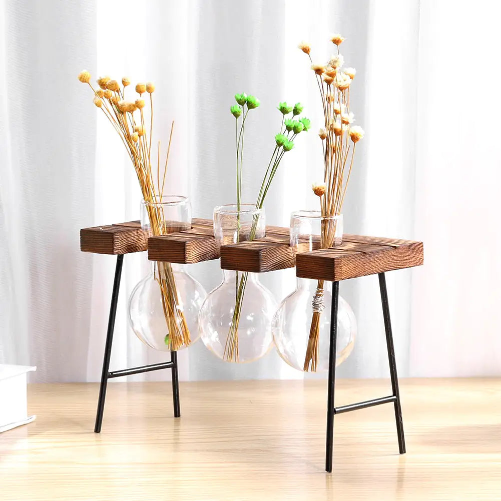 Glass and Wood Vase Planter – Modern Tabletop Décor for Natural Minimalist Home Styling