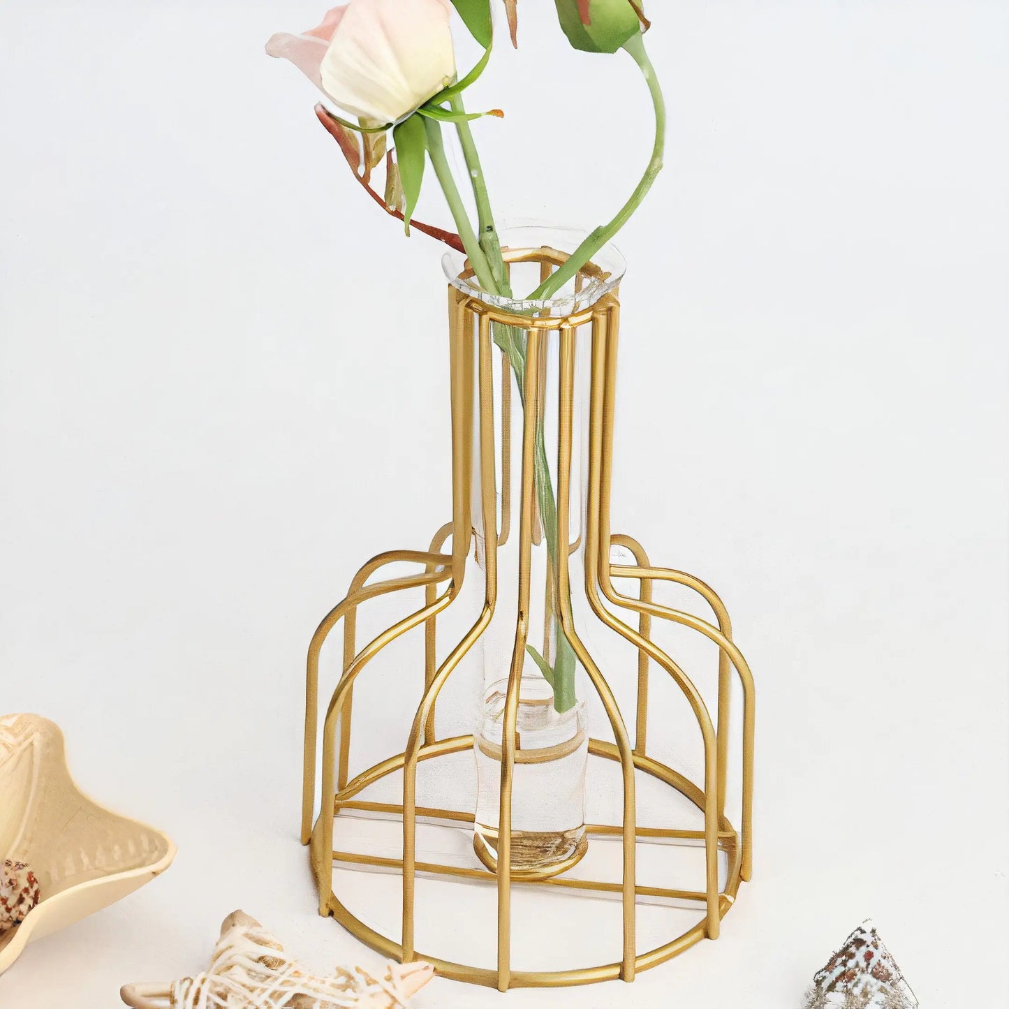 Glass Vase with Iron Stand – Minimalist Tabletop Planter for Modern Boho Home Décor