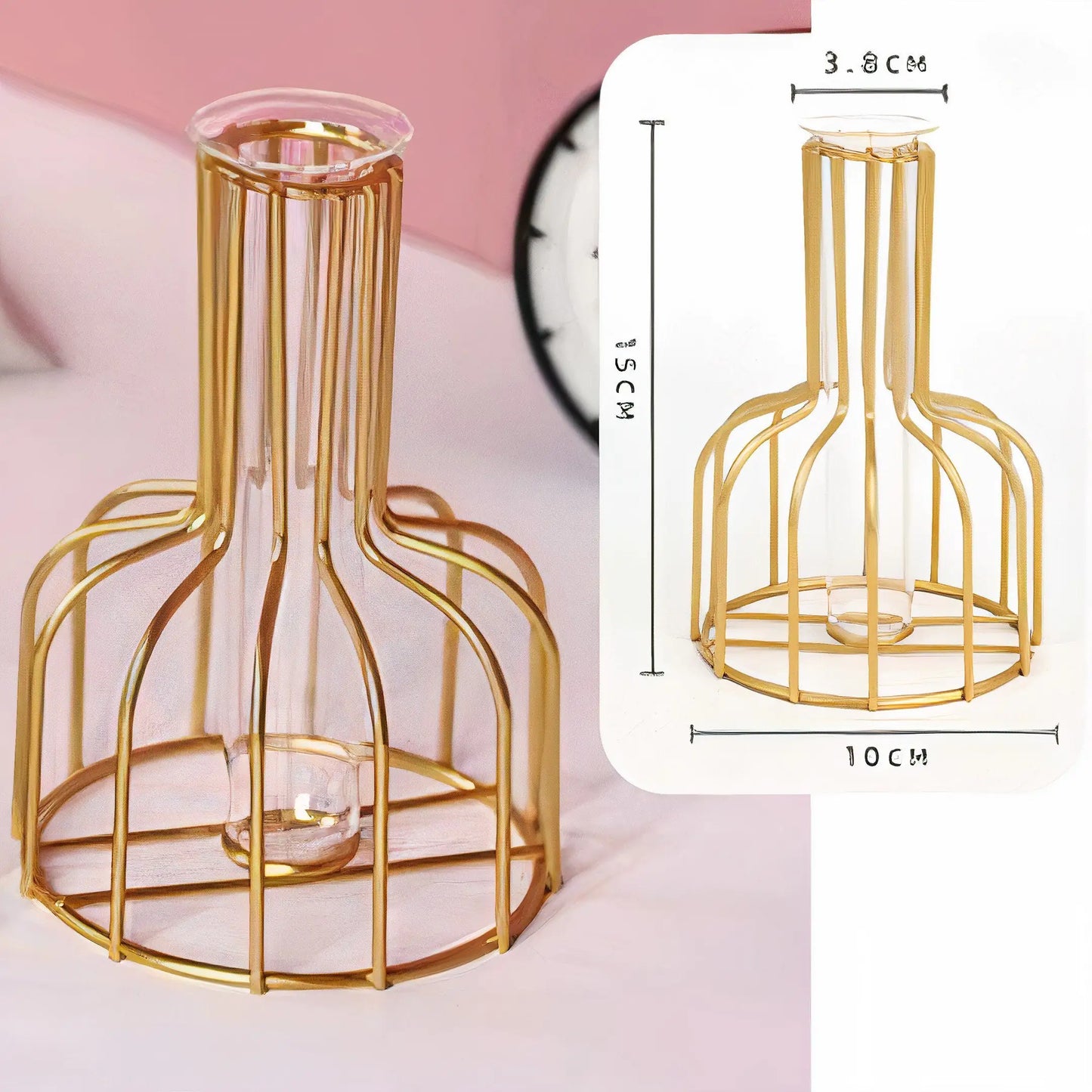 Glass Vase with Iron Stand – Minimalist Tabletop Planter for Modern Boho Home Décor