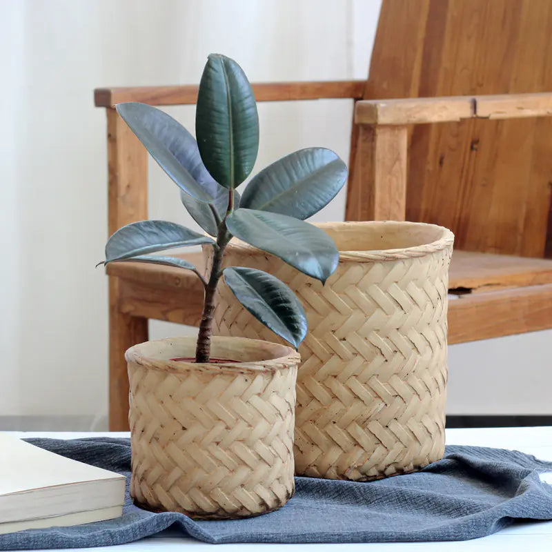 Faux Bamboo Cement Flower Pot – Rustic Handcrafted Planter for Sustainable Boho Home Décor