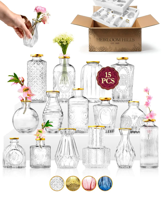 Heirloom Hills Crystal Bud Vase Set of 15 – Hand-Painted Gold Rim Glass Vases for Elegant Weddings & Modern Home Décor