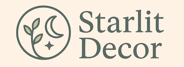 Starlit Decor logo with a circular design featuring leaves and a moon on a beige background