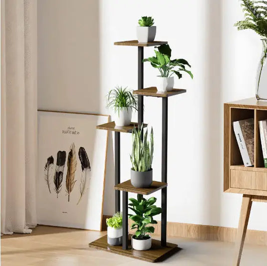 Five-Layer Indoor Plant Stand – Black Walnut & Metal Corner Display for Modern Boho Homes
