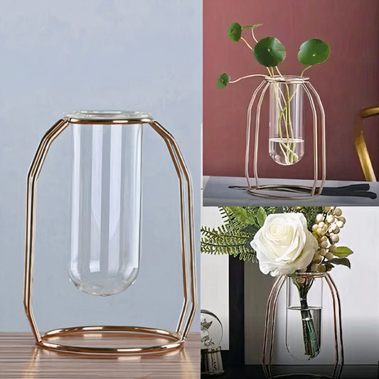 Glass Vase with Iron Frame – Modern Minimalist Planter for Elegant Home & Office Décor
